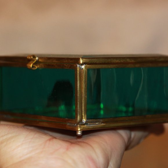 Glass Etched Hummingbird Green Clear Brass Trinket Jewelry Box - Picture 3 of 5